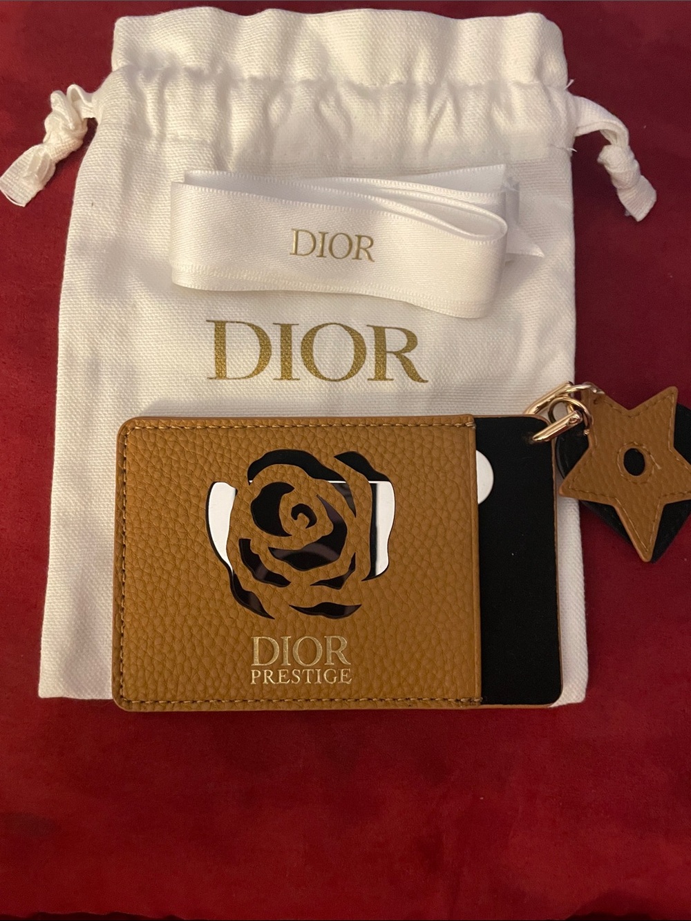 DIOR Prestige Tan Leather Card Holder with Rose Cutout Dust Bag & Cloth Ribbon